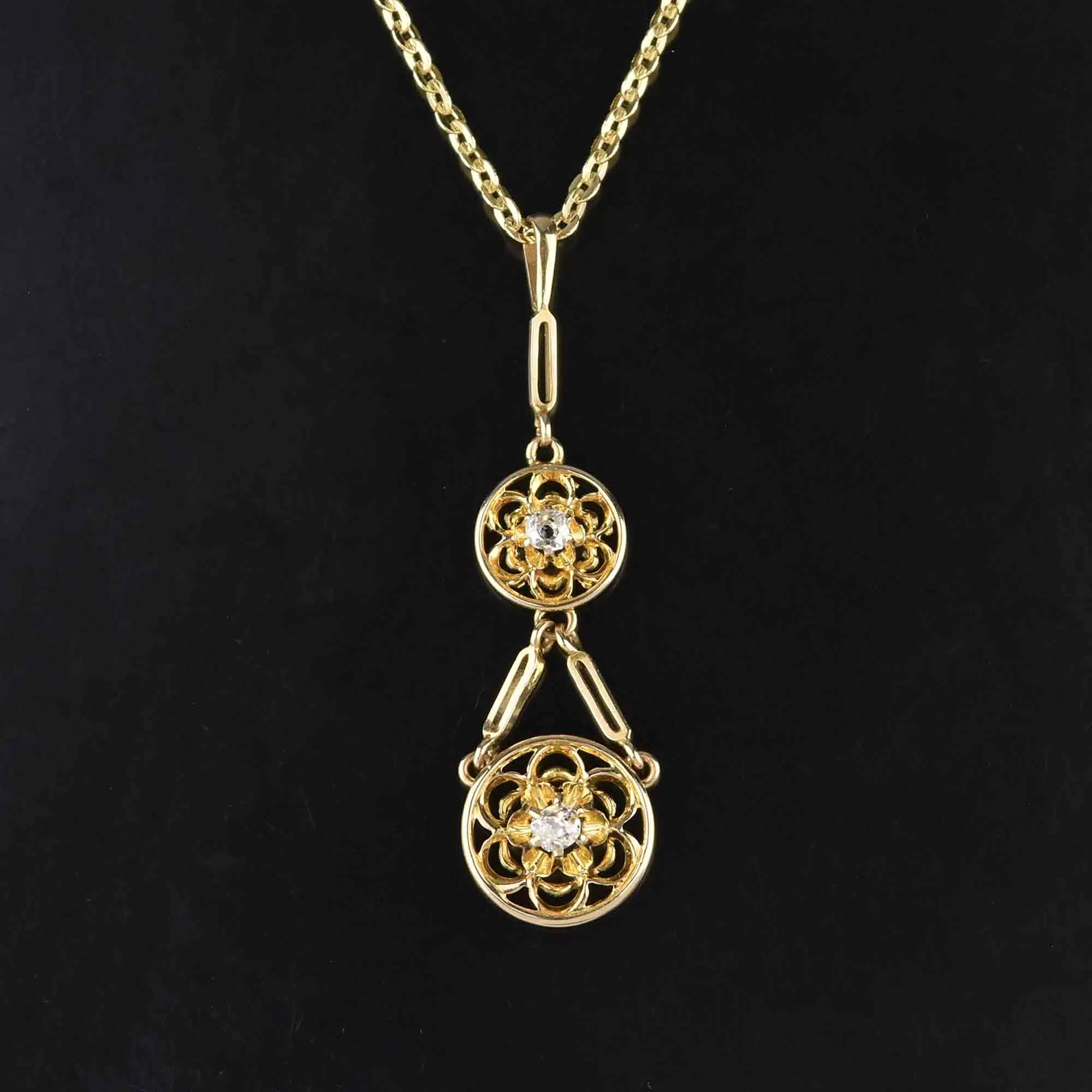 Edwardian 14K Gold Mine Cut Diamond Pendant Necklace