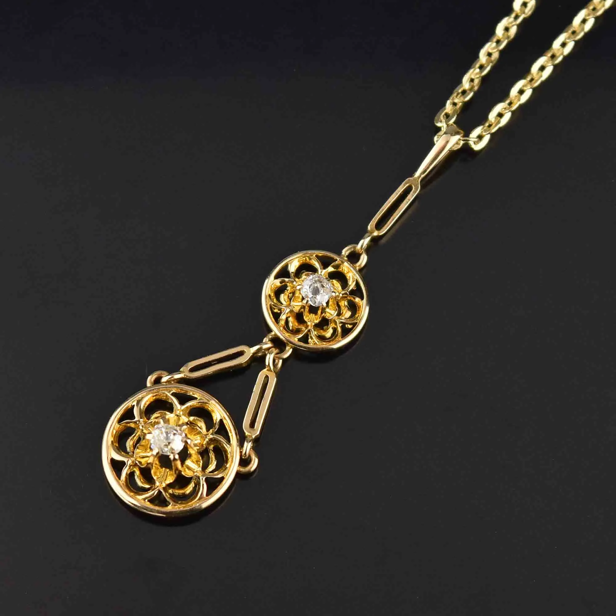 Edwardian 14K Gold Mine Cut Diamond Pendant Necklace