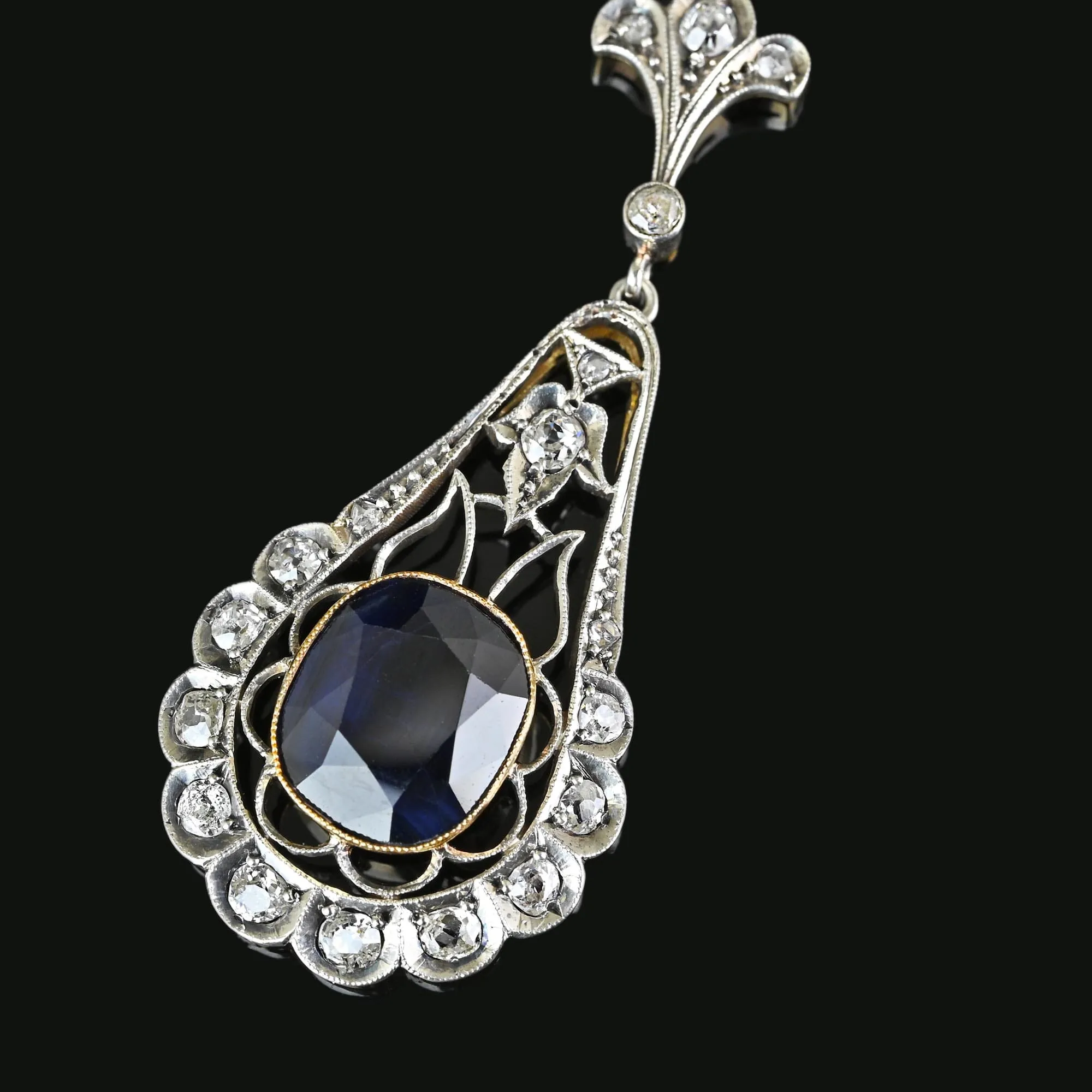 Edwardian Mine Cut Diamond 6.5 CTW Sapphire Pendant Necklace