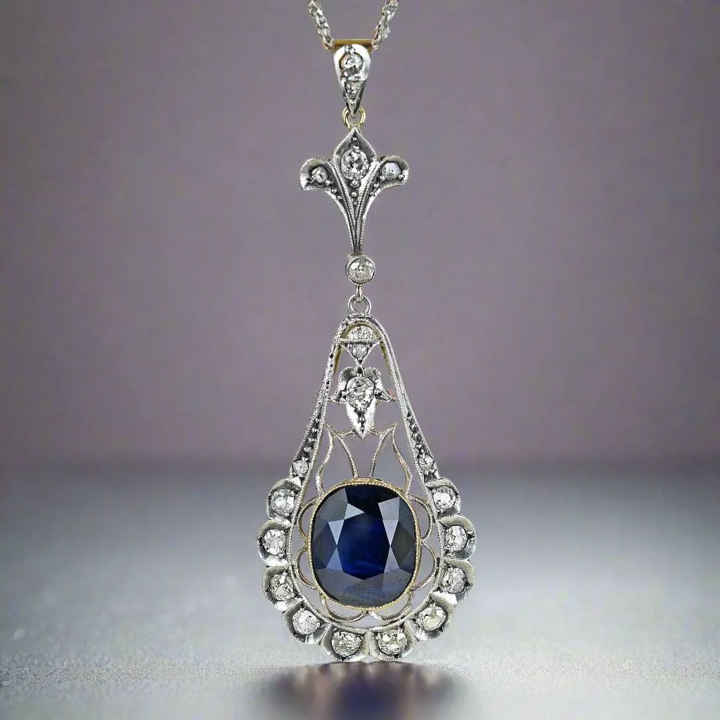 Edwardian Mine Cut Diamond 6.5 CTW Sapphire Pendant Necklace