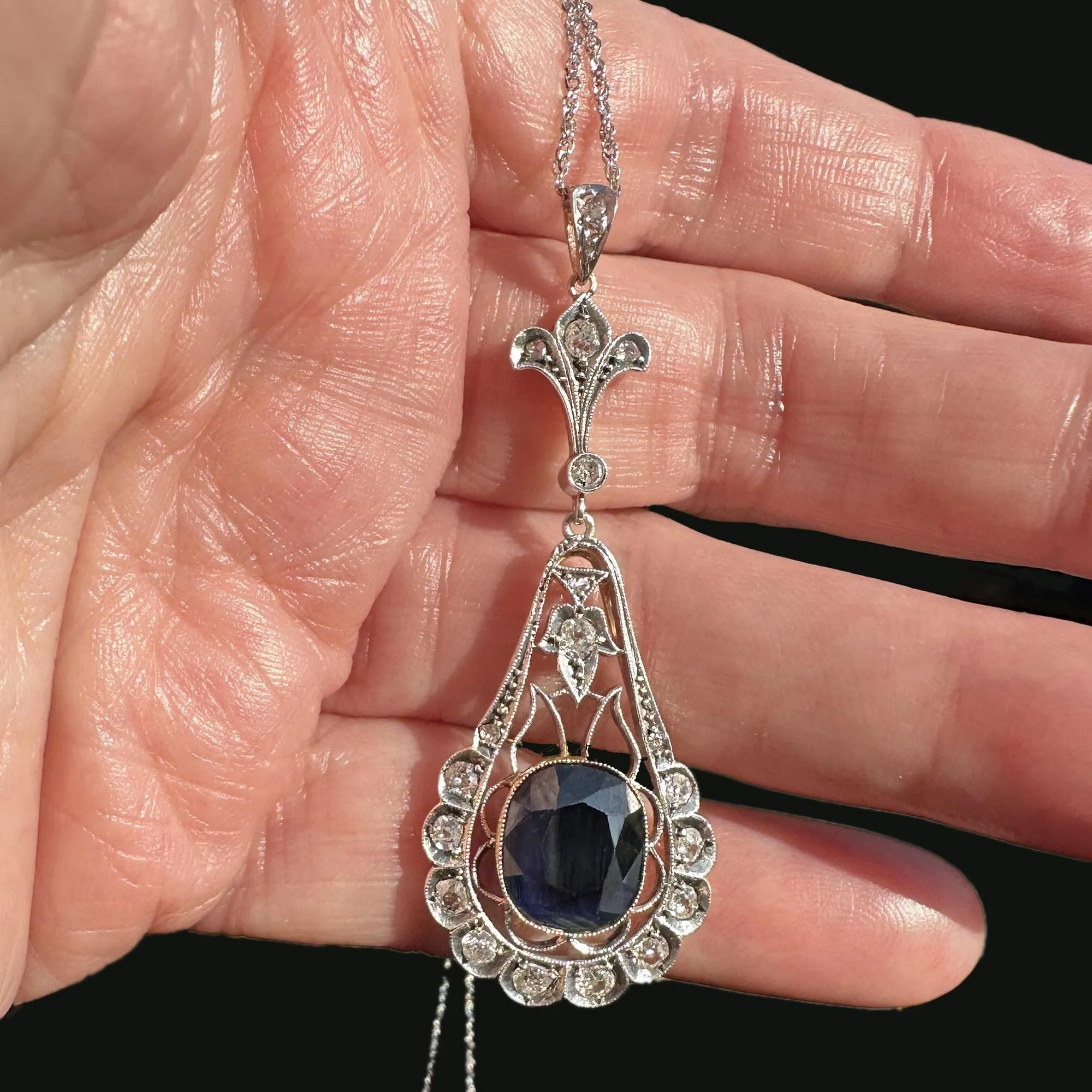 Edwardian Mine Cut Diamond 6.5 CTW Sapphire Pendant Necklace