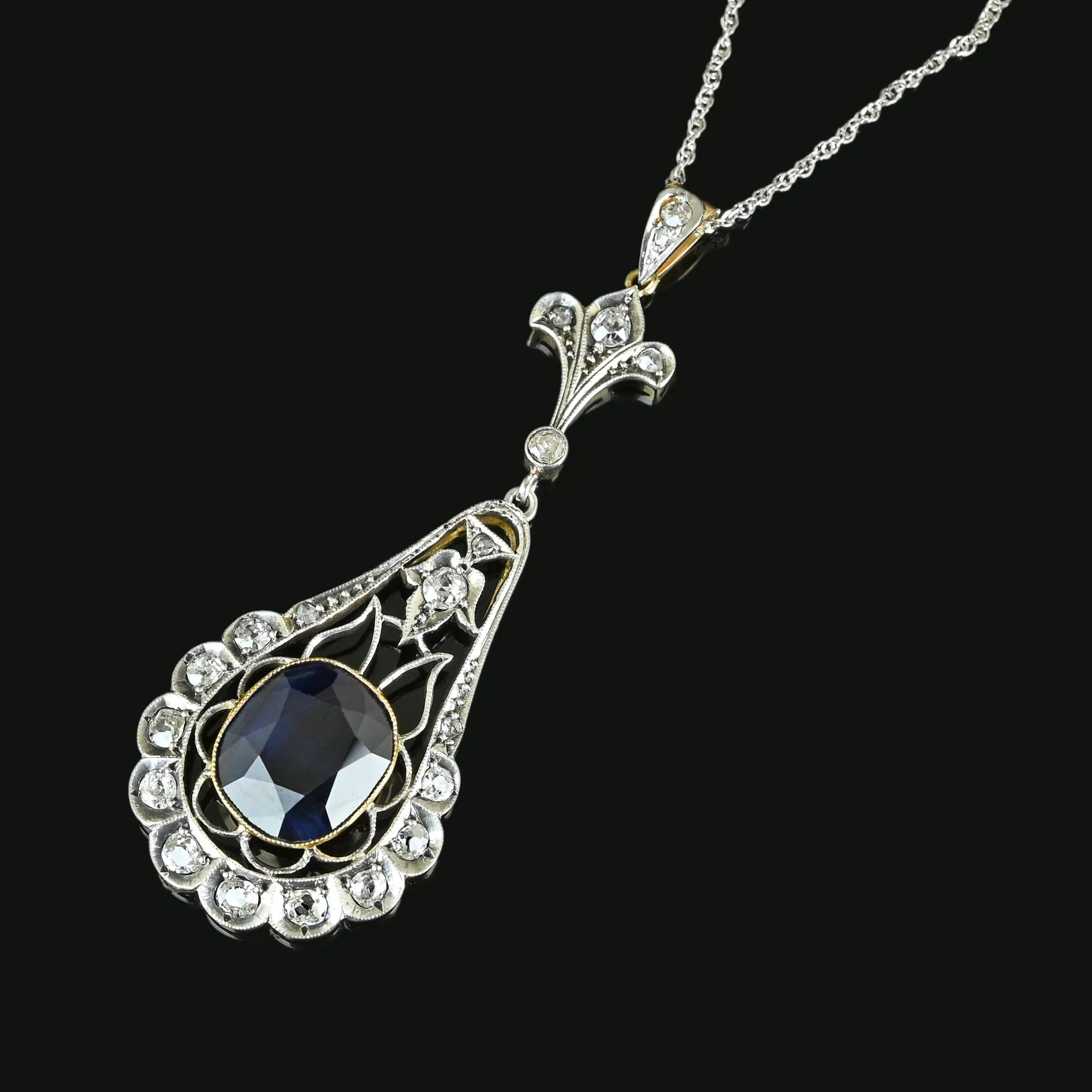 Edwardian Mine Cut Diamond 6.5 CTW Sapphire Pendant Necklace