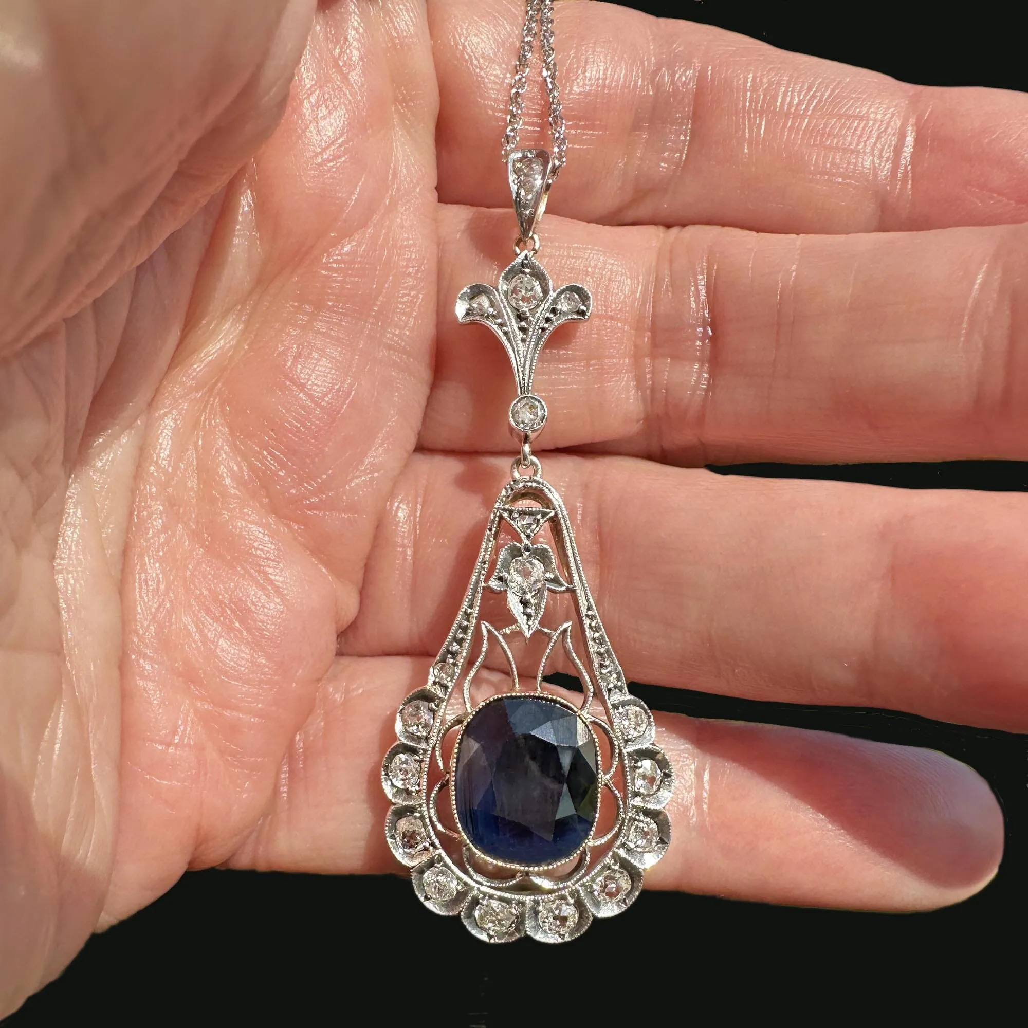 Edwardian Mine Cut Diamond 6.5 CTW Sapphire Pendant Necklace