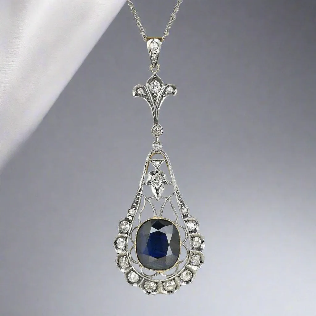 Edwardian Mine Cut Diamond 6.5 CTW Sapphire Pendant Necklace