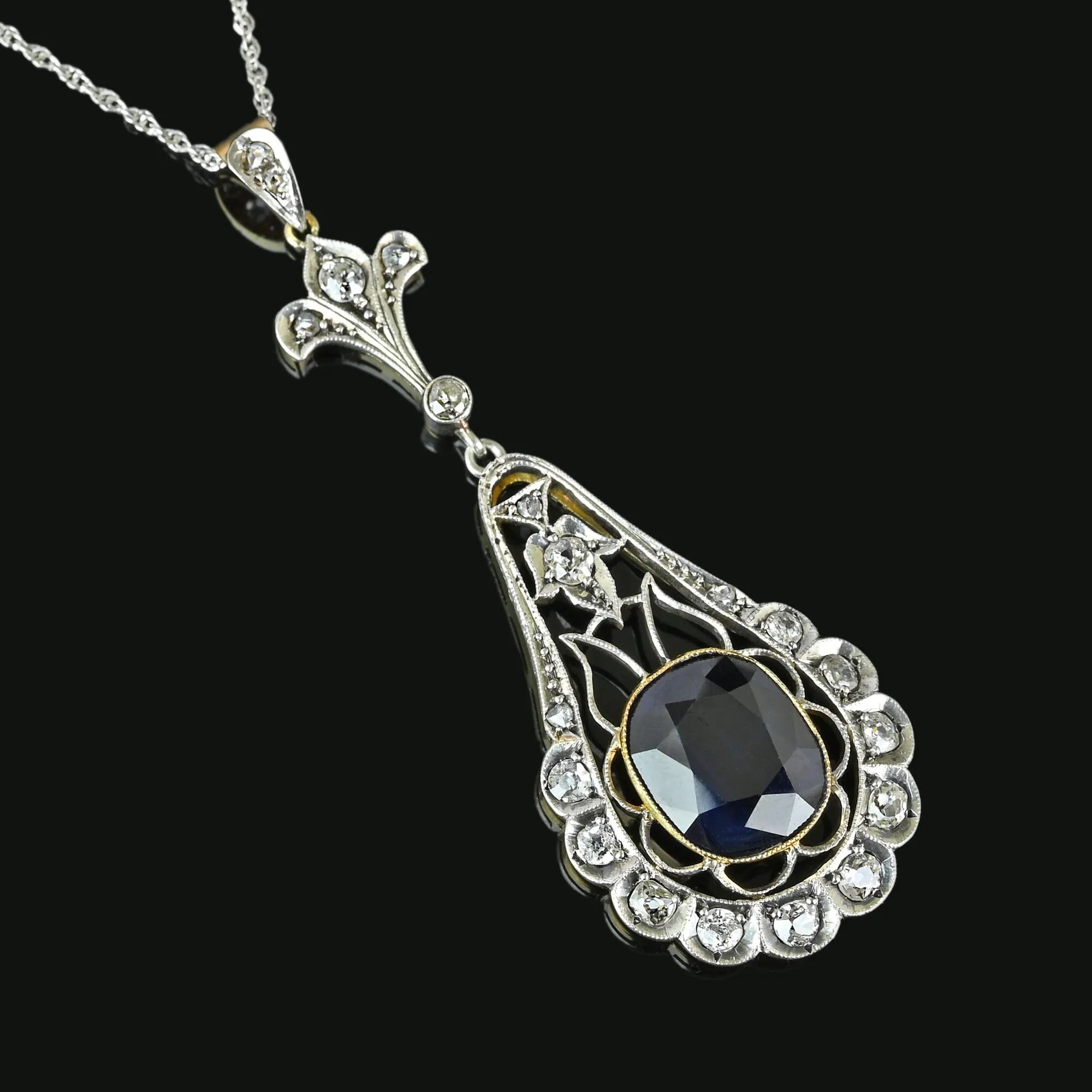 Edwardian Mine Cut Diamond 6.5 CTW Sapphire Pendant Necklace