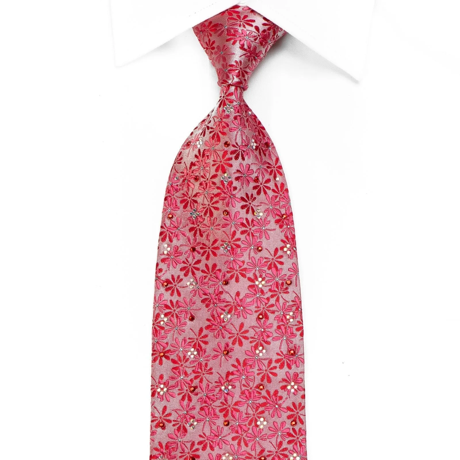 Elegance Men's Crystal Silk Necktie Floral On Pink With Blue Sparkles