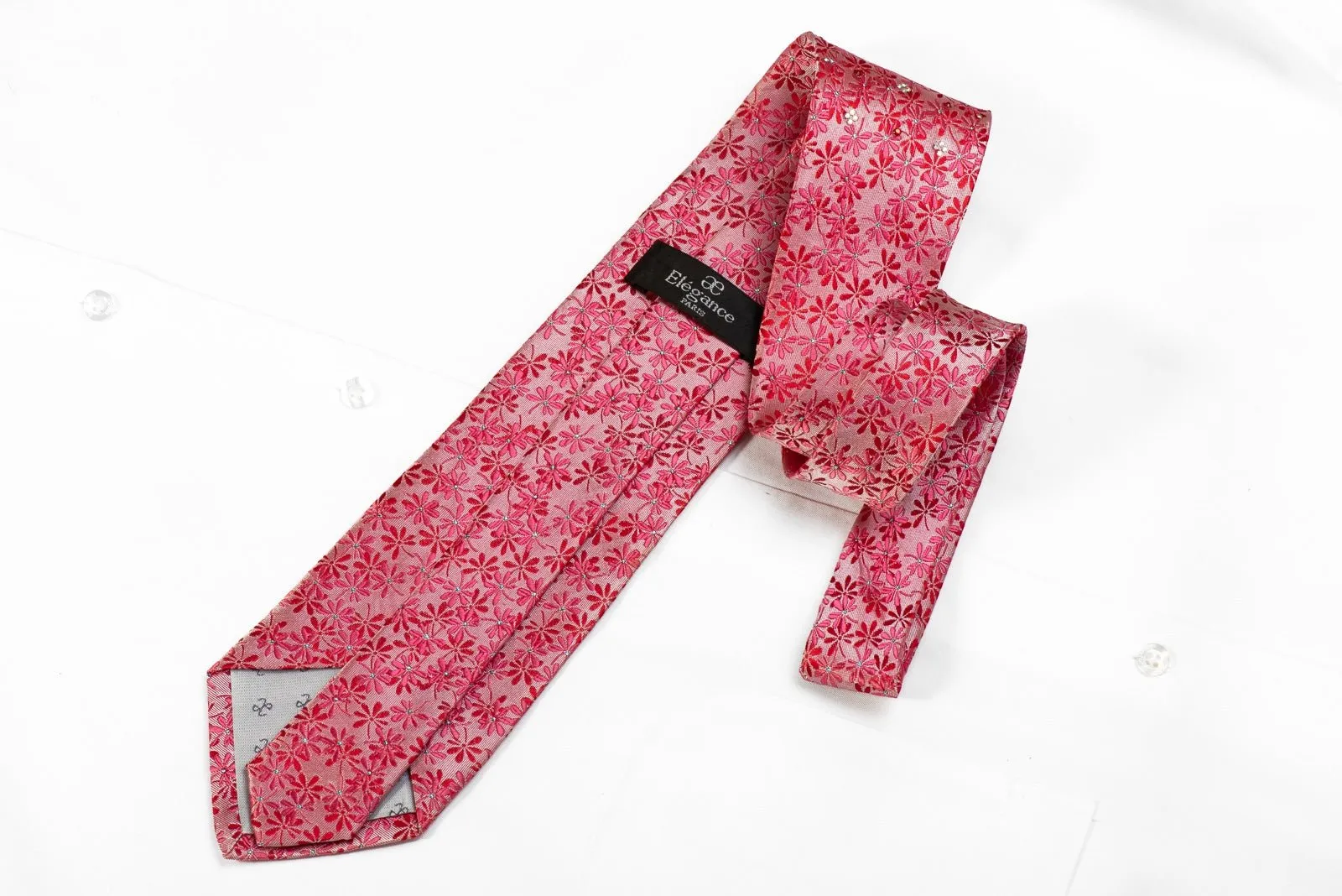 Elegance Men's Crystal Silk Necktie Floral On Pink With Blue Sparkles