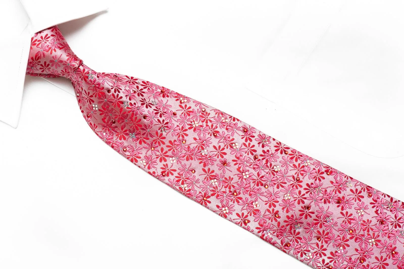 Elegance Men's Crystal Silk Necktie Floral On Pink With Blue Sparkles