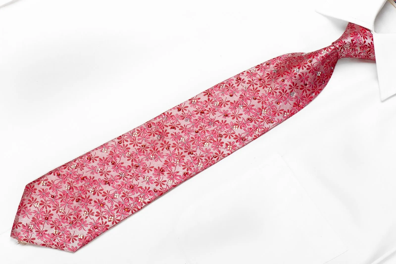 Elegance Men's Crystal Silk Necktie Floral On Pink With Blue Sparkles