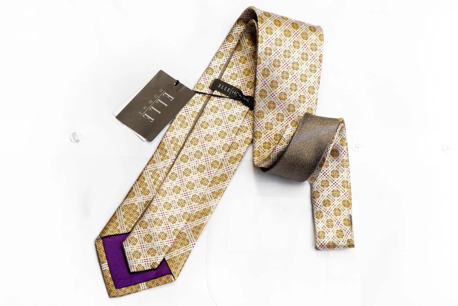 Elle Homme Rhinestone Silk Necktie Silver Trellis On Gold With Sparkles