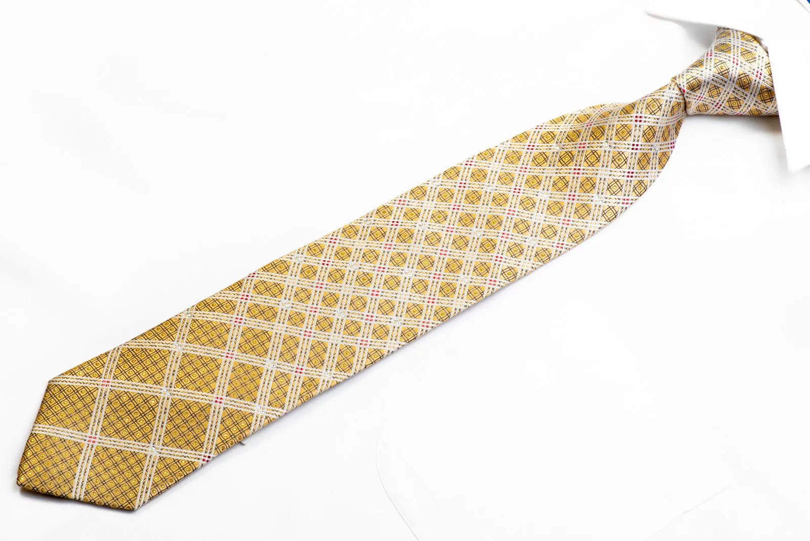 Elle Homme Rhinestone Silk Necktie Silver Trellis On Gold With Sparkles