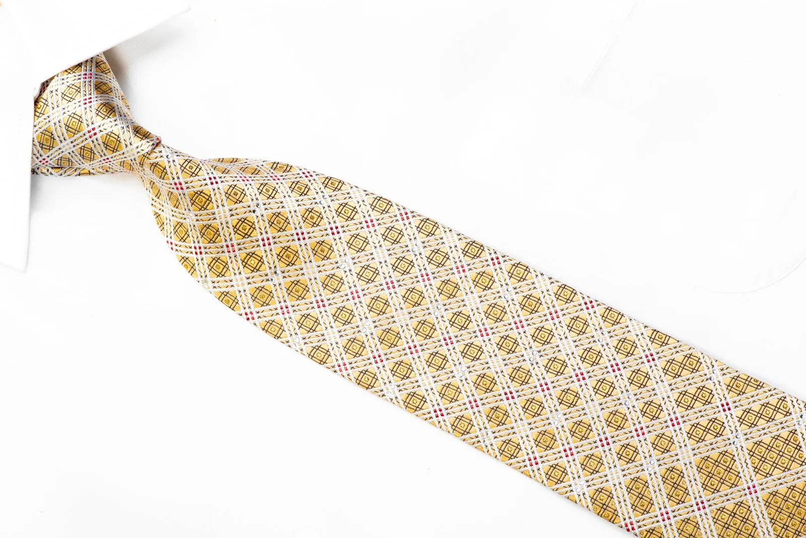 Elle Homme Rhinestone Silk Necktie Silver Trellis On Gold With Sparkles