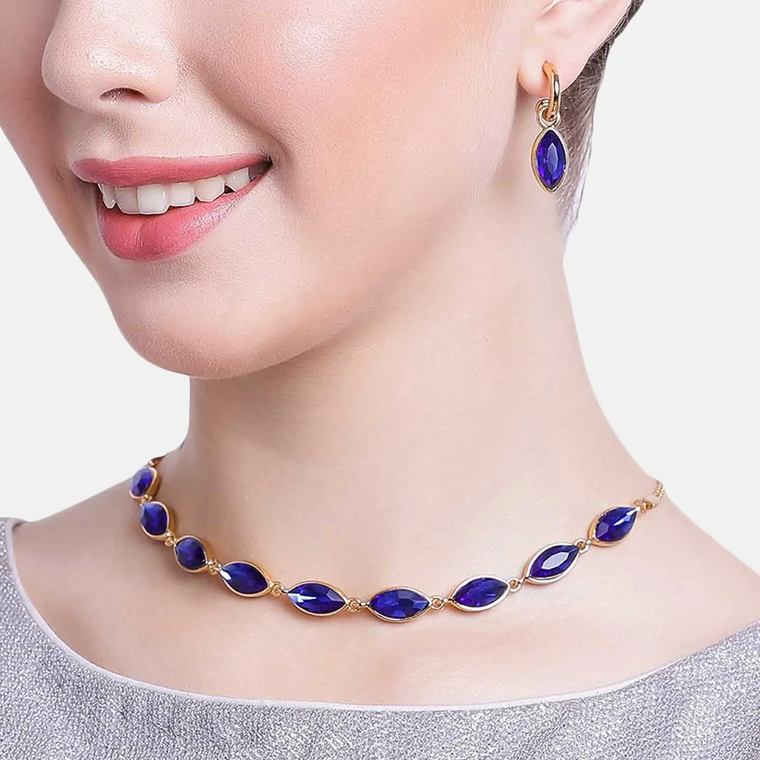 Estele Gold Plated Classic Necklace Set with Blue Stones for Women