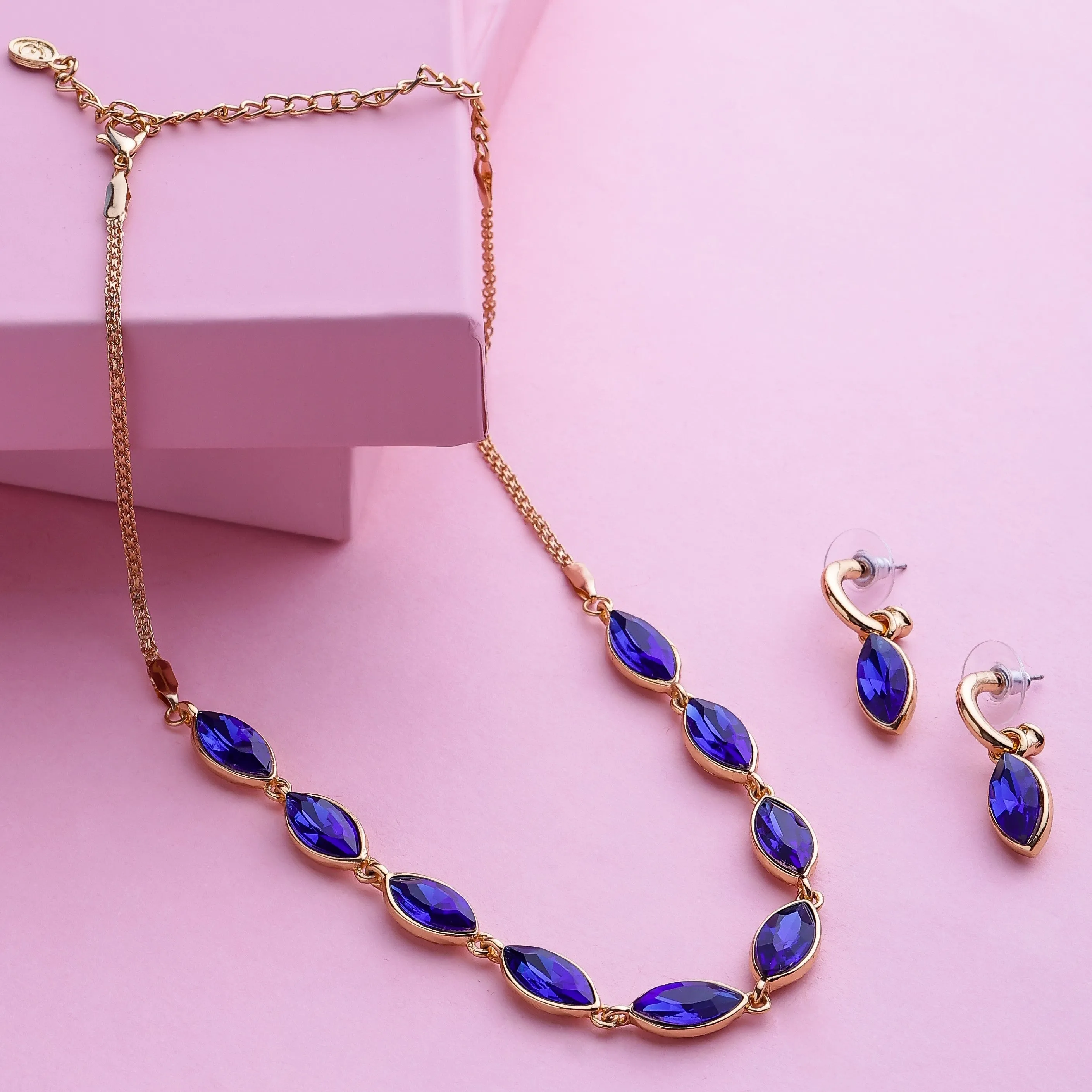 Estele Gold Plated Classic Necklace Set with Blue Stones for Women