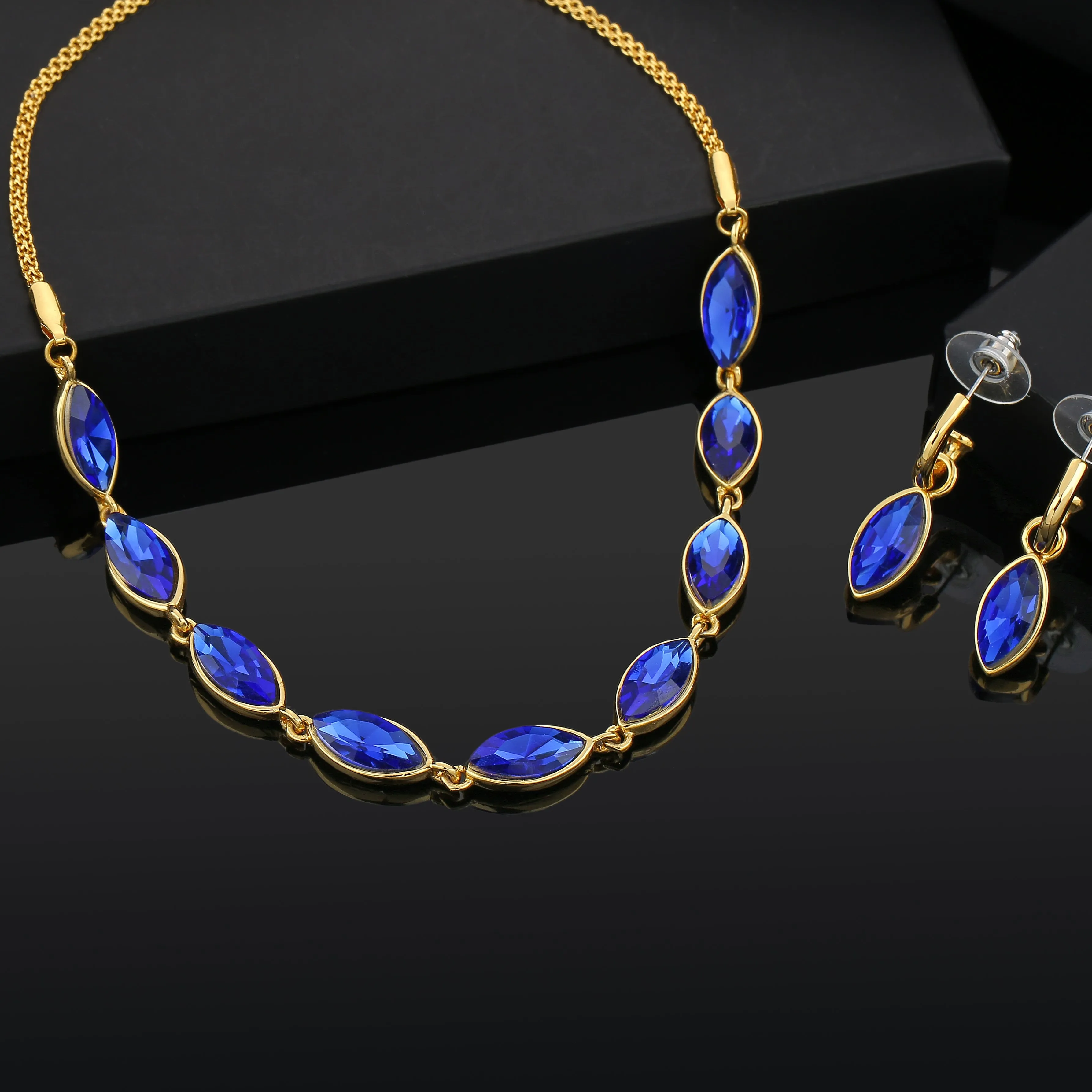 Estele Gold Plated Classic Necklace Set with Blue Stones for Women