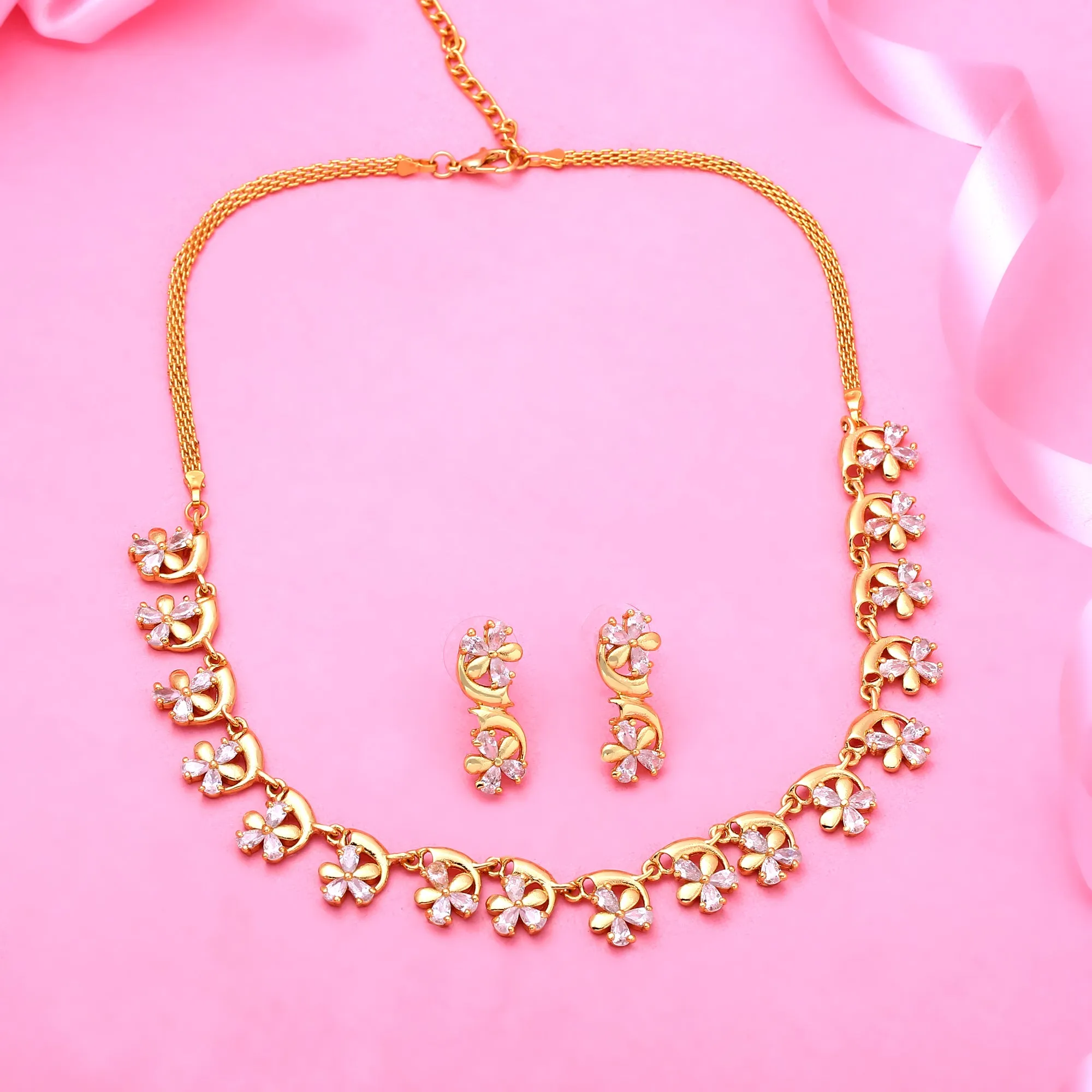 Estele Gold Plated CZ Flower Shaped Necklace Set for Women