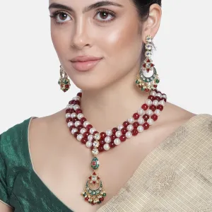 Estele - Traditional Kundan and Ruby and white Pearls Necklace Set for women