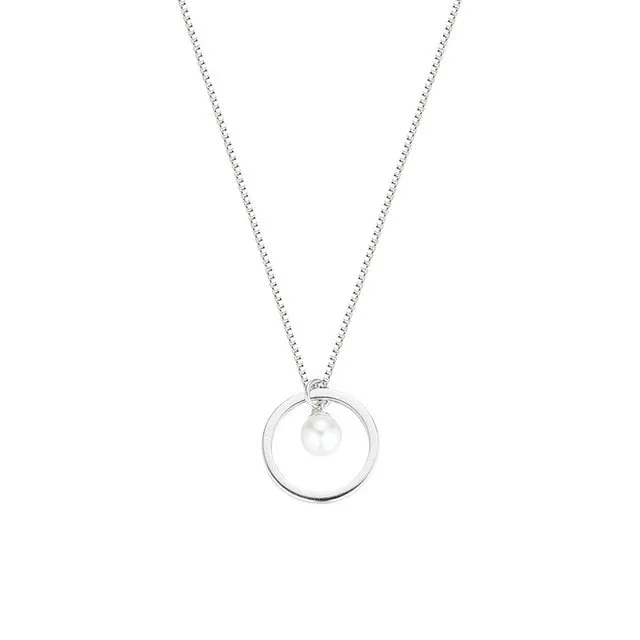 Fashion Jewelry Circle and Pearl Pendant Necklace for Women in 925 Sterling Silver