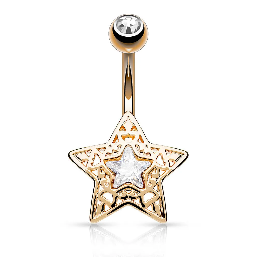 Filigree Crystal Star Belly Bar with Rose Gold Plating