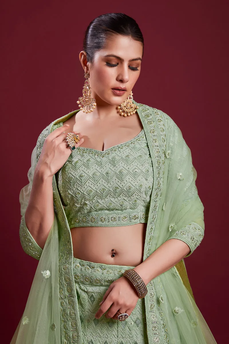 Glamorous Sea Green Georgette Lehenga With Zarkan Work and Thread Work