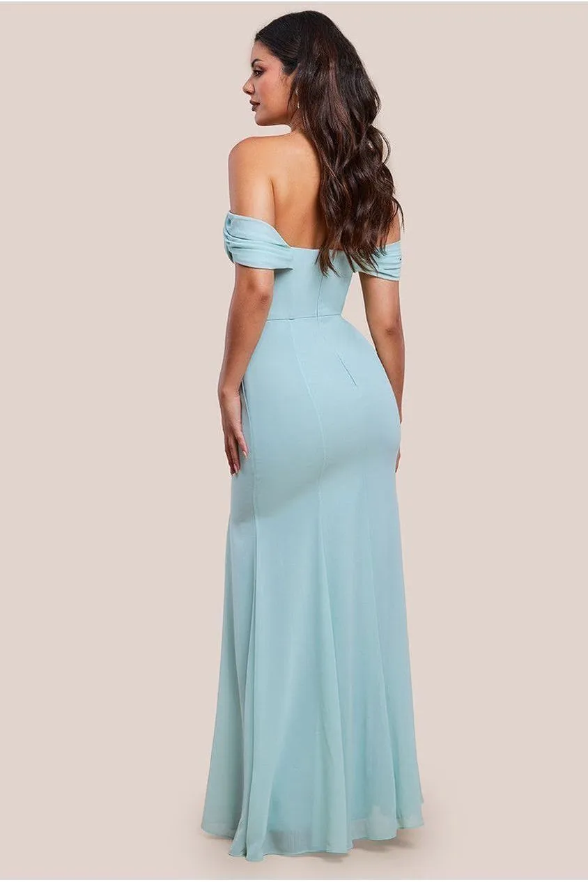 Goddiva Chiffon Bardot Cowl Neck Maxi Dress - Sage Green