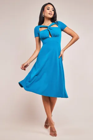 Goddiva Scuba Crepe Twist Cutout Midi Dress - Teal Blue