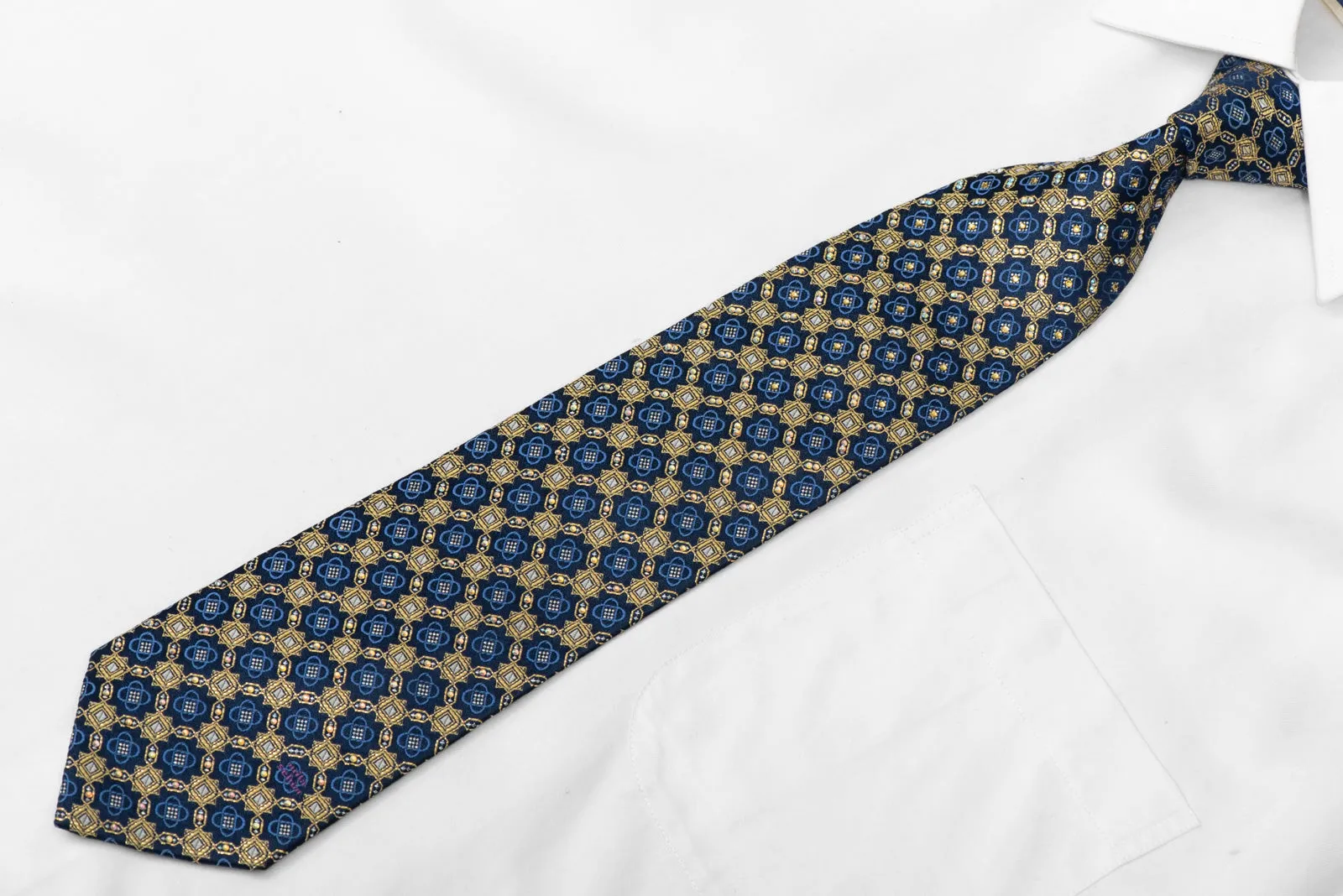 Gold Interlocking Geometric Design On Dark Blue Rhinestone Tie With Gold Sparkles