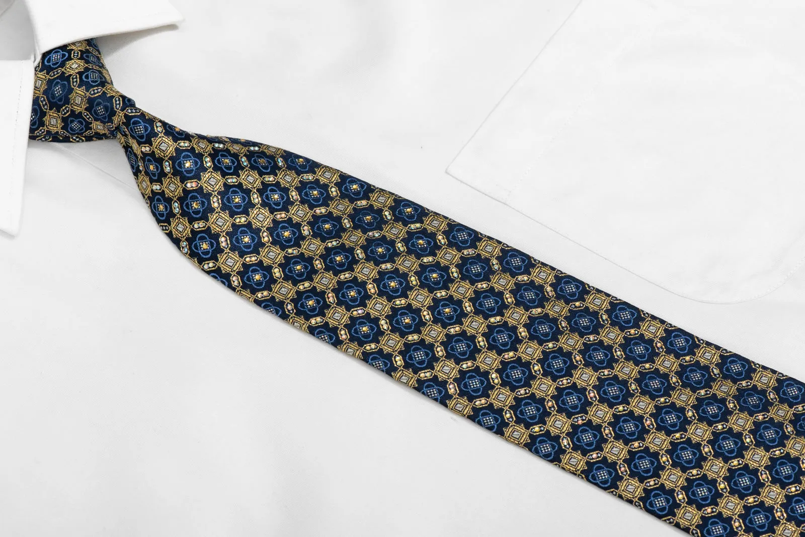 Gold Interlocking Geometric Design On Dark Blue Rhinestone Tie With Gold Sparkles