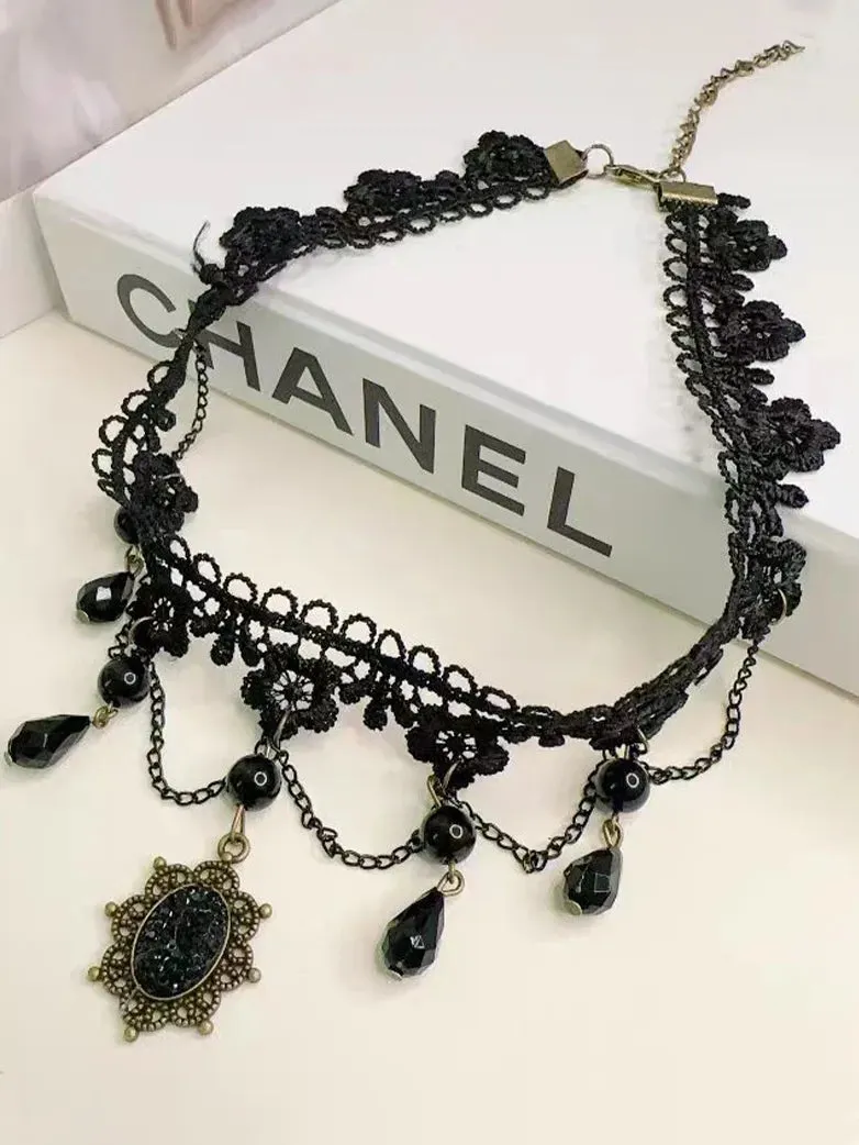 Gothic Lace Black Gemstone Necklace