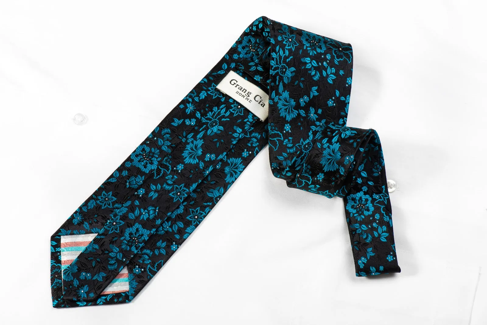 Grang-Cia Mens Crystal Silk Necktie Blue Floral On Black With Silver Sparkles