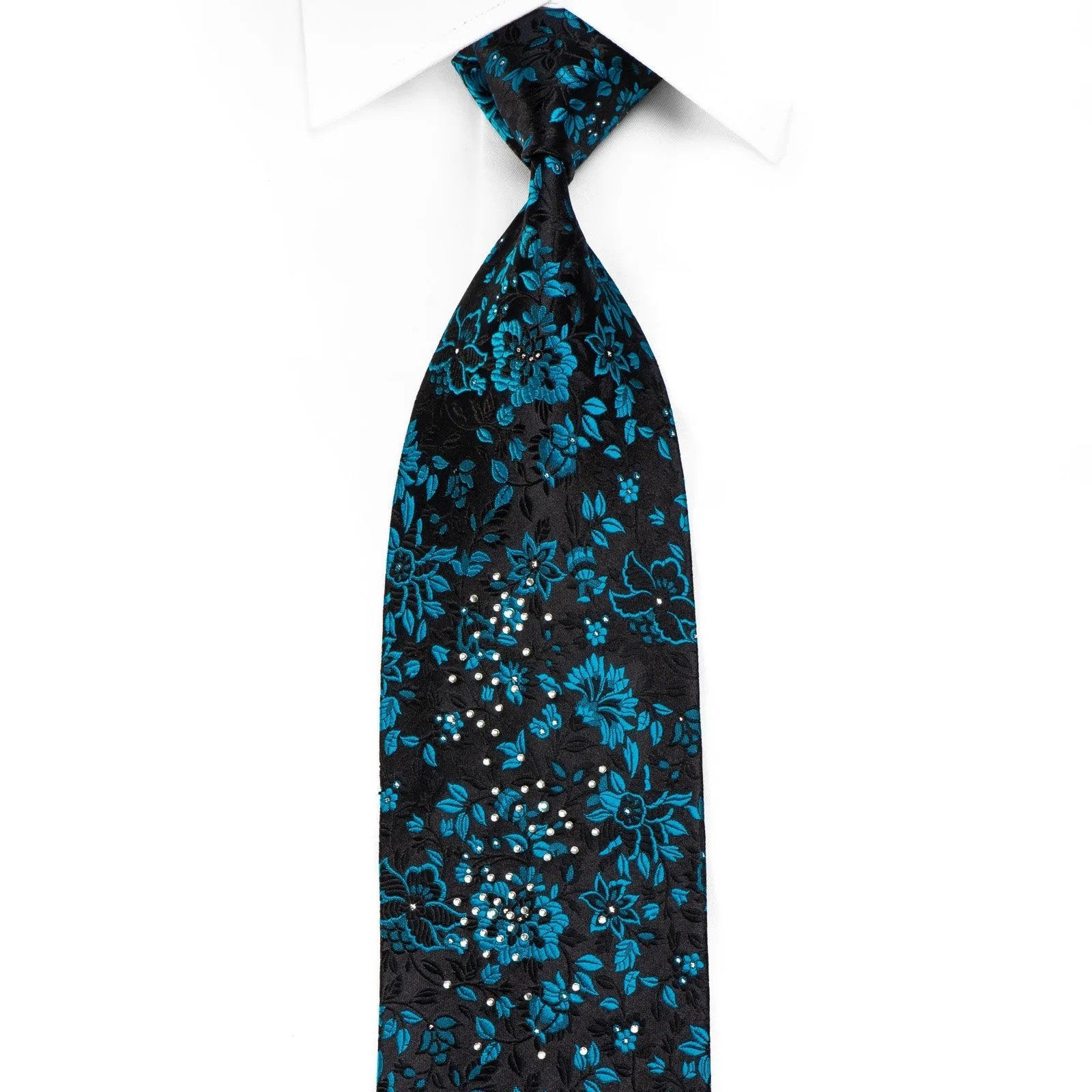 Grang-Cia Mens Crystal Silk Necktie Blue Floral On Black With Silver Sparkles