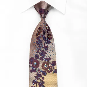 Grang Cia Men's Crystal Silk Tie Purple Floral On Brown Gold Blue With Metallic Gold Sparkles