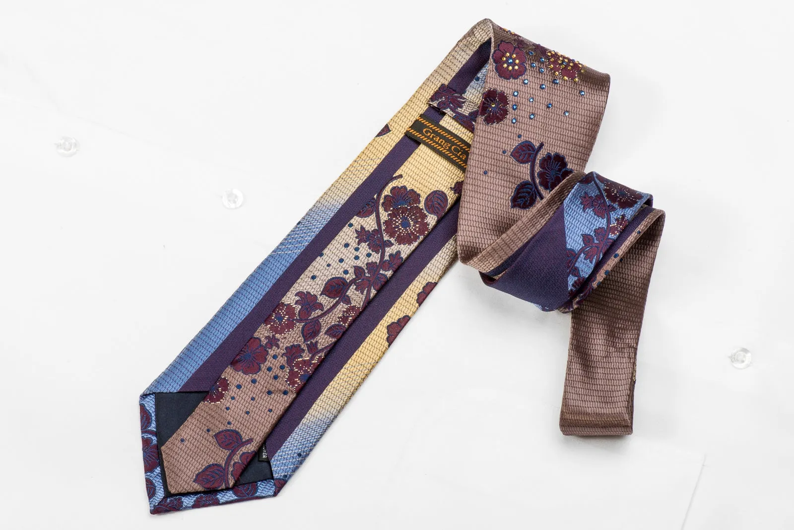 Grang Cia Men's Crystal Silk Tie Purple Floral On Brown Gold Blue With Metallic Gold Sparkles