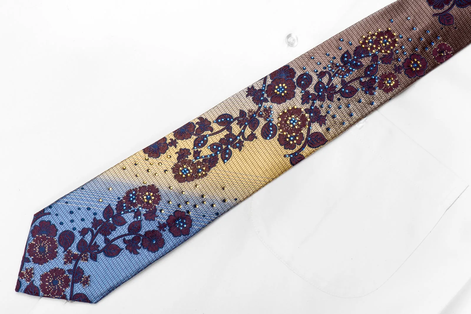 Grang Cia Men's Crystal Silk Tie Purple Floral On Brown Gold Blue With Metallic Gold Sparkles