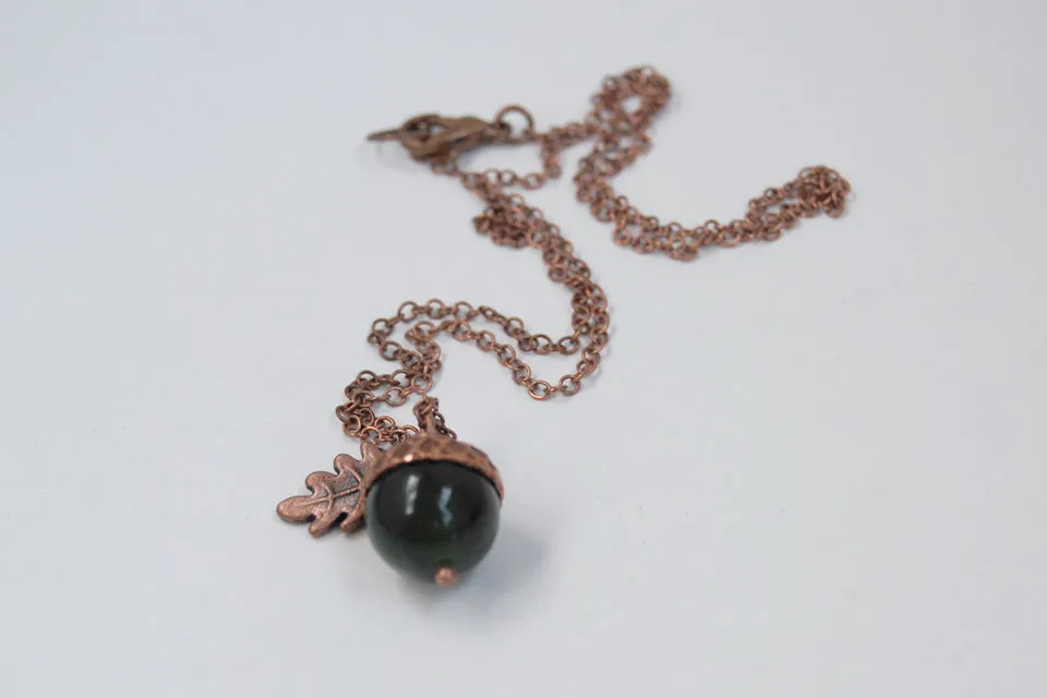 Green Jade and Copper Acorn Necklace | Cute Nature Acorn Charm Necklace | Forest Acorn Necklace | Woodland Gemstone Acorn | Nature Jewelry