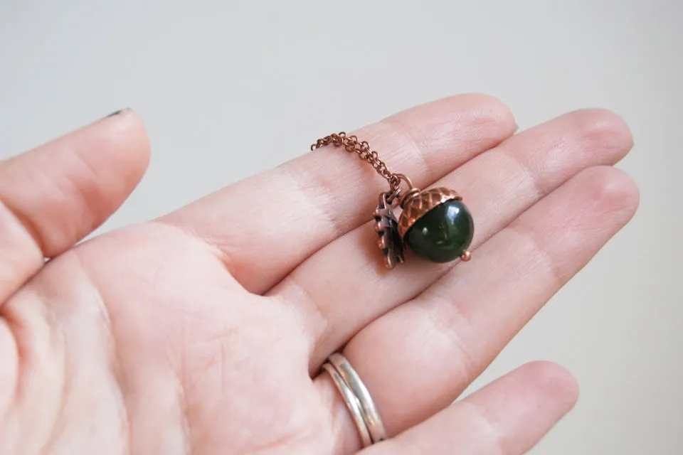 Green Jade and Copper Acorn Necklace | Cute Nature Acorn Charm Necklace | Forest Acorn Necklace | Woodland Gemstone Acorn | Nature Jewelry