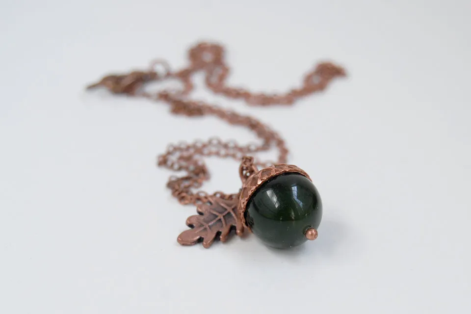 Green Jade and Copper Acorn Necklace | Cute Nature Acorn Charm Necklace | Forest Acorn Necklace | Woodland Gemstone Acorn | Nature Jewelry