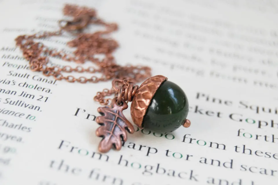 Green Jade and Copper Acorn Necklace | Cute Nature Acorn Charm Necklace | Forest Acorn Necklace | Woodland Gemstone Acorn | Nature Jewelry