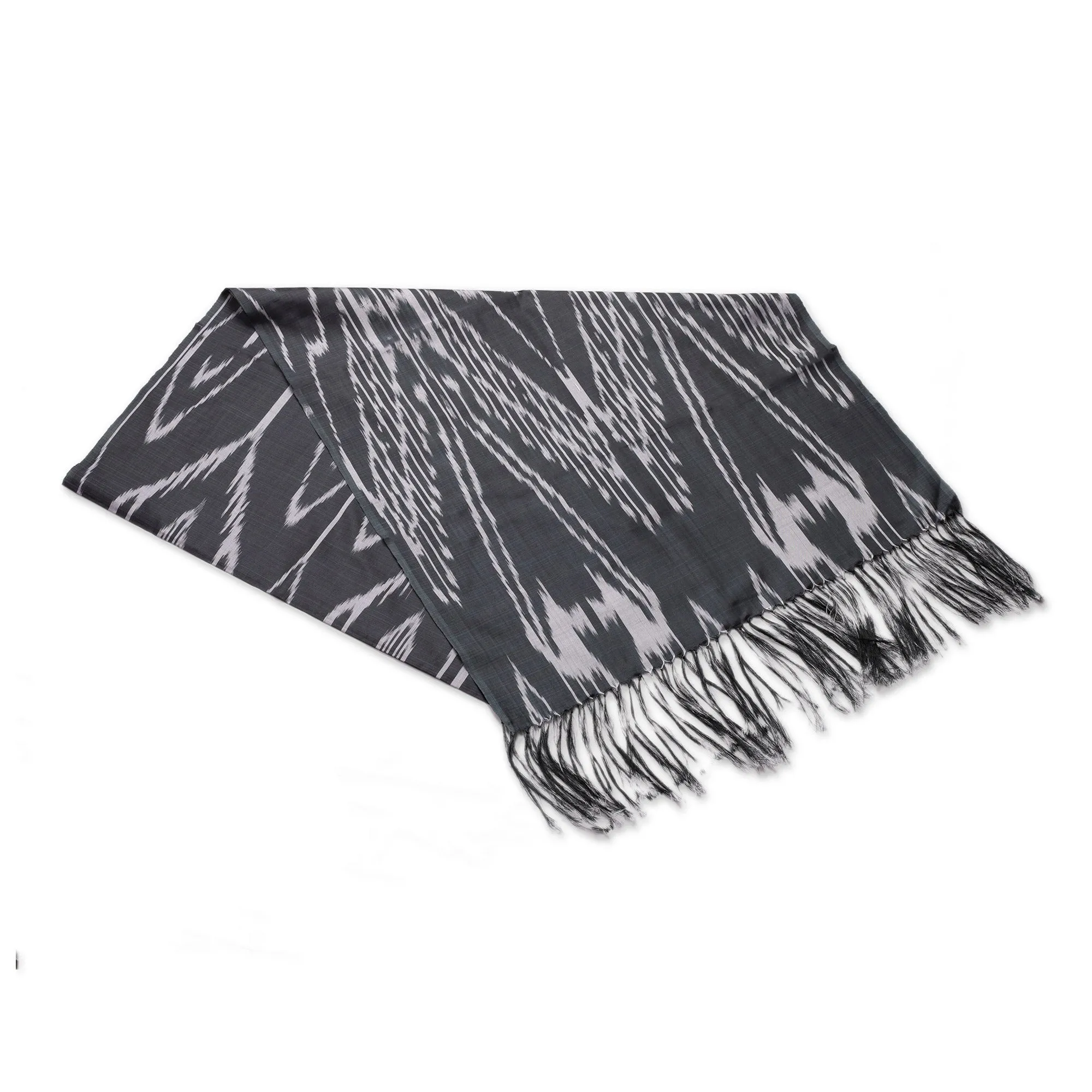 Hand-Woven Fringed Silk Ikat Scarf in Black from Uzbekistan - Stylish Black | NOVICA