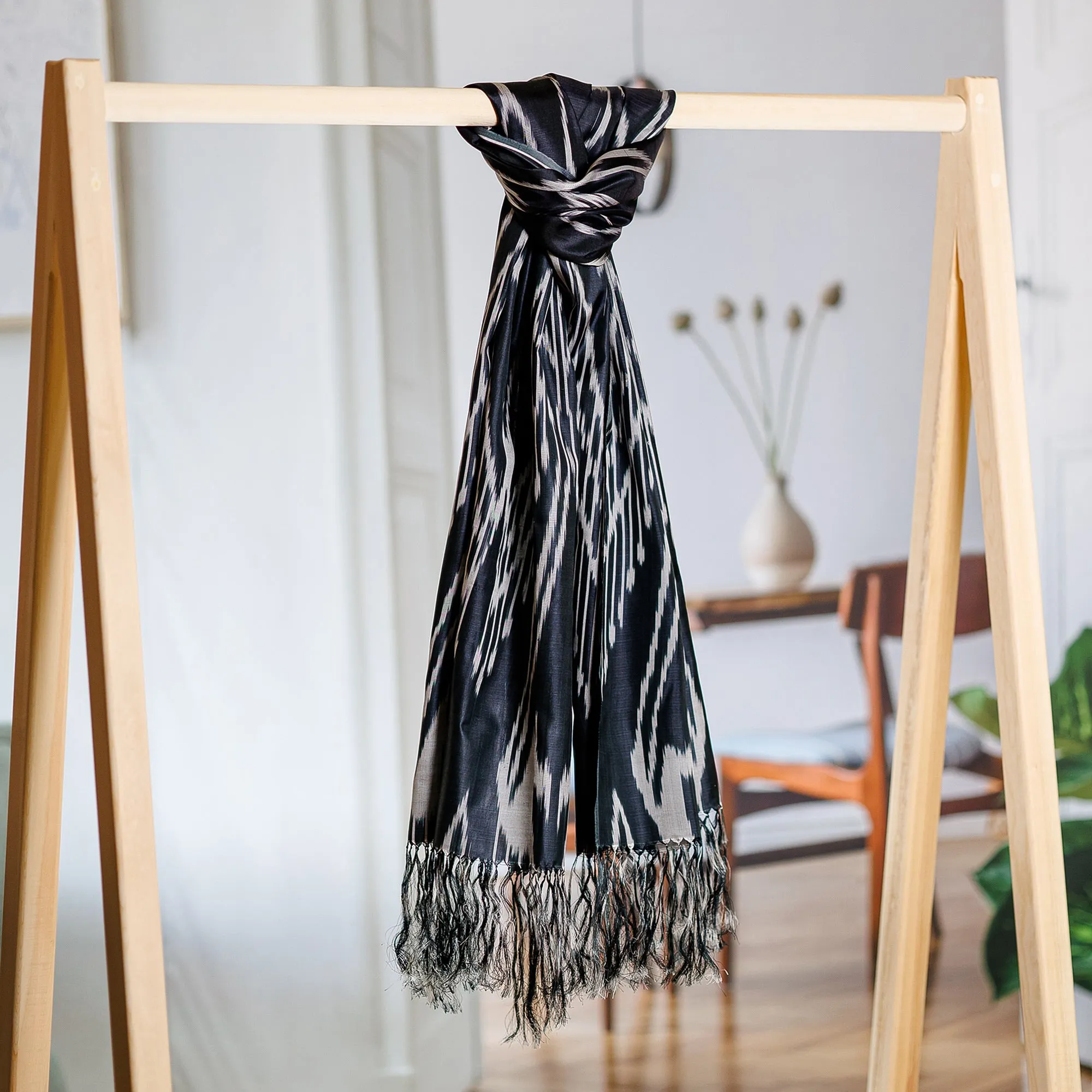 Hand-Woven Fringed Silk Ikat Scarf in Black from Uzbekistan - Stylish Black | NOVICA