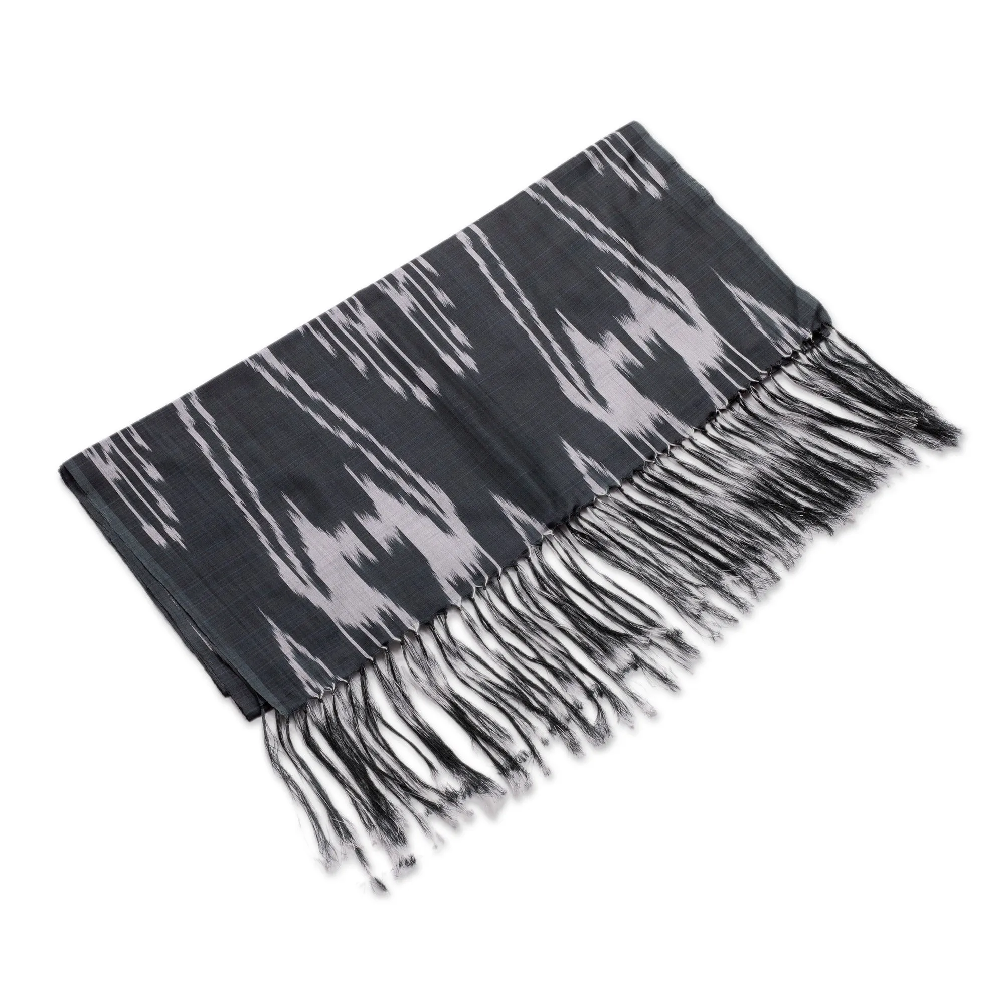 Hand-Woven Fringed Silk Ikat Scarf in Black from Uzbekistan - Stylish Black | NOVICA