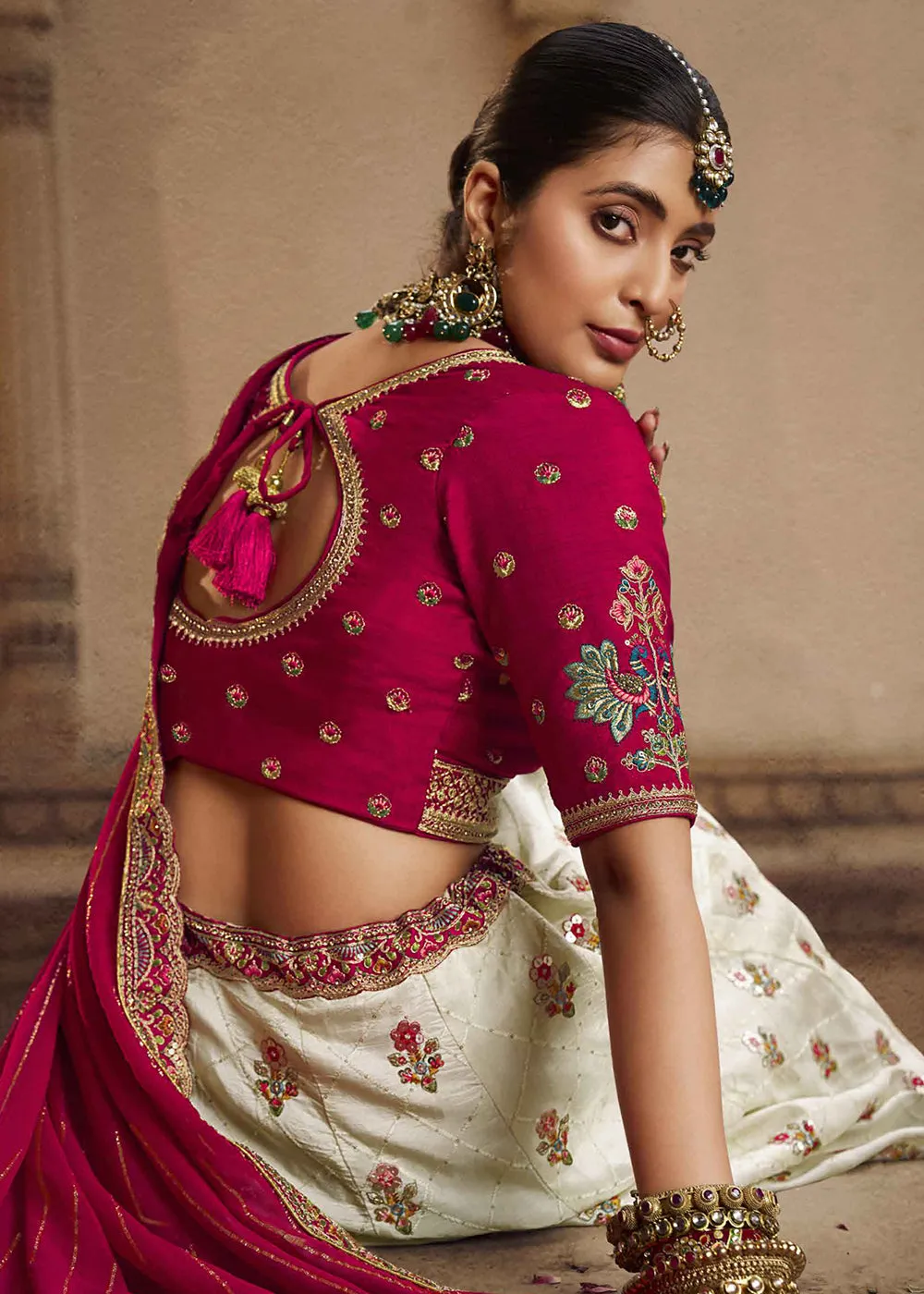 Heavy Viscose Cream & Rani Pink Embroidered Bridal Lehenga Choli