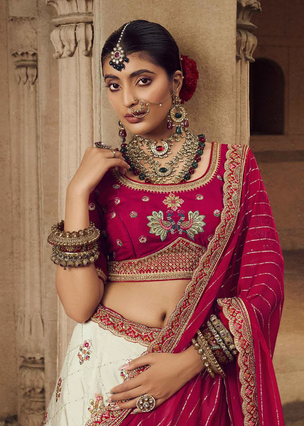 Heavy Viscose Cream & Rani Pink Embroidered Bridal Lehenga Choli