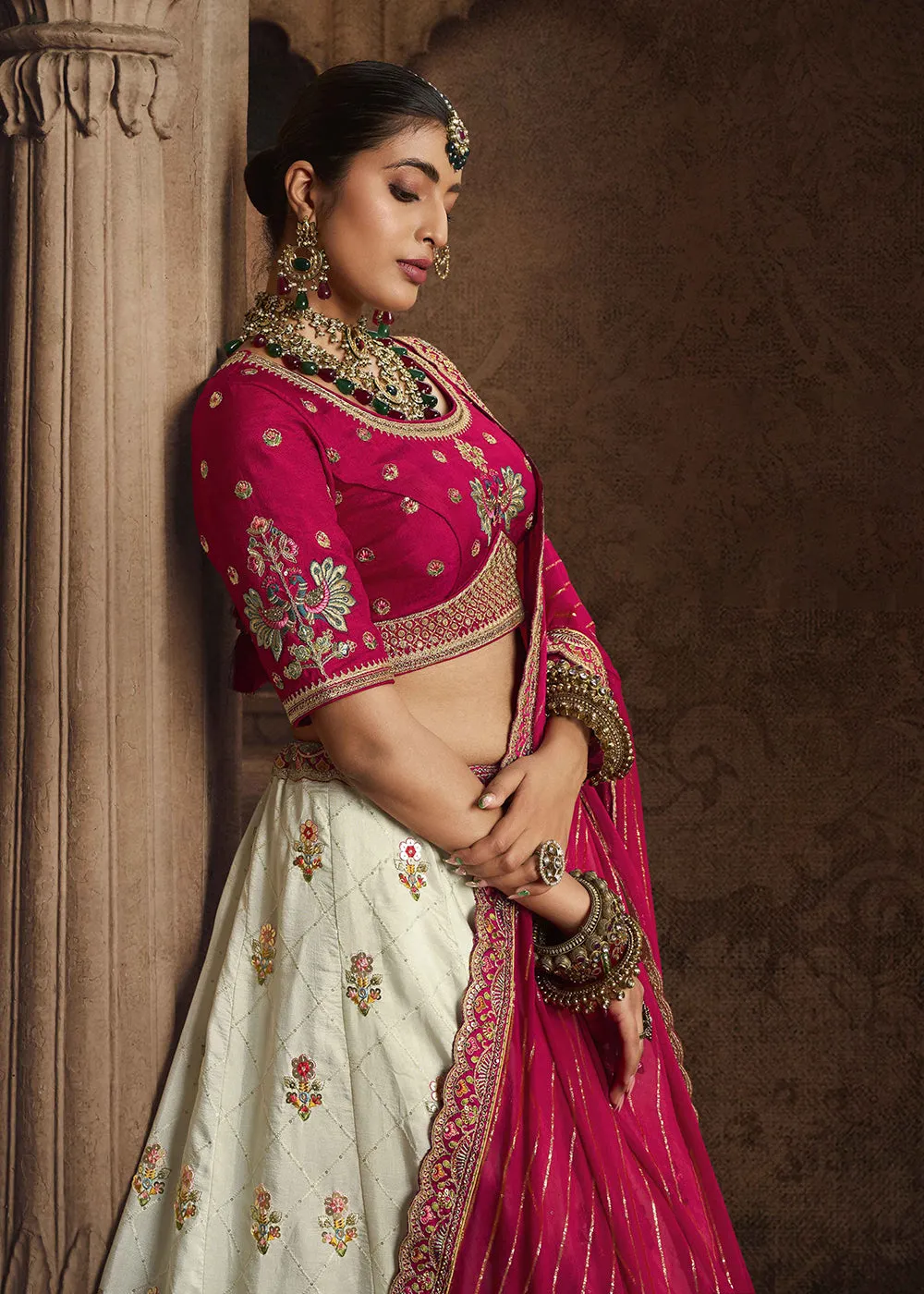 Heavy Viscose Cream & Rani Pink Embroidered Bridal Lehenga Choli