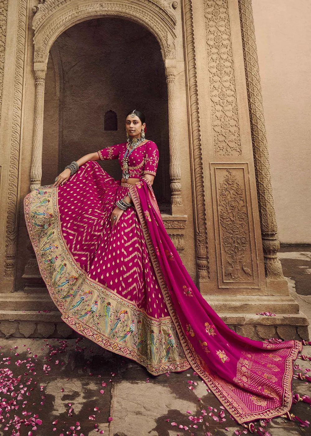 Heavy Viscose Fusion Pink Embroidered Bridal Lehenga Choli