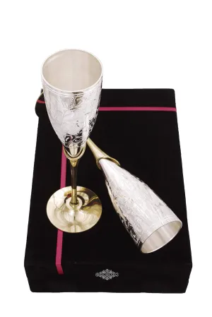 Indian Art Villa Silver Plated Engraved Goblet Flute Wine Glass with Black Box, Best for Parties, Diwali Gift Set, 100 ML each, Set of 2