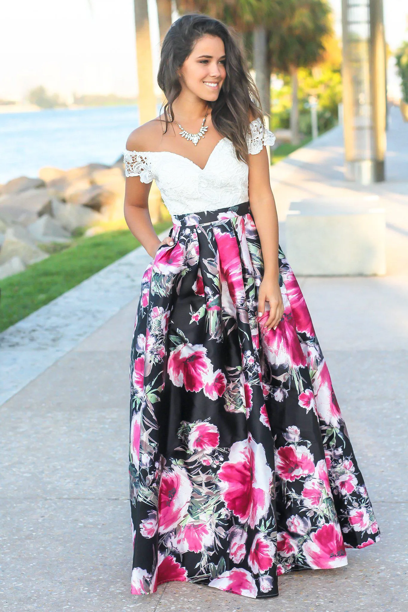 Ivory and Rose Off Shoulder Floral Maxi Dress with Crochet Top