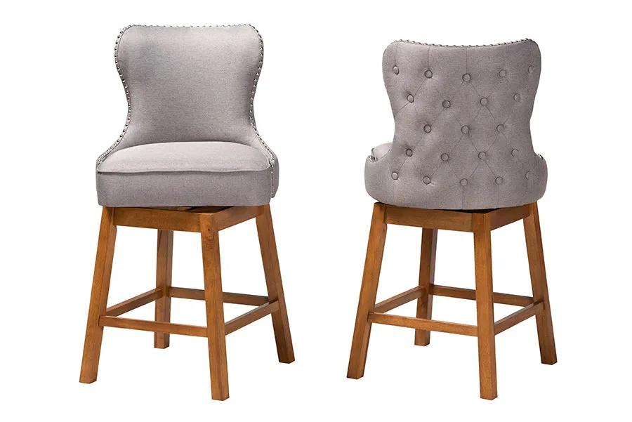 Jane 2pcs Gray Fabric Walnut Brown Finished Wood Swivel Counter Stool