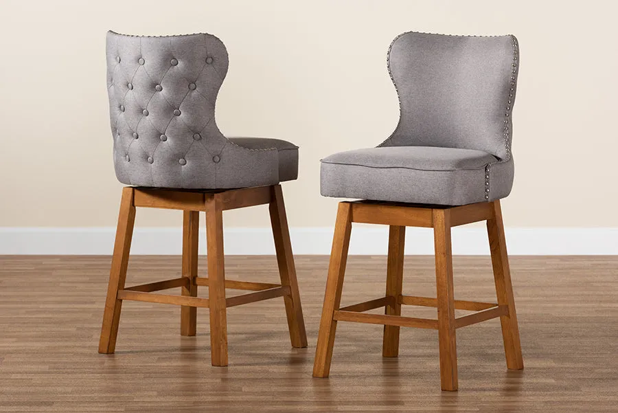 Jane 2pcs Gray Fabric Walnut Brown Finished Wood Swivel Counter Stool