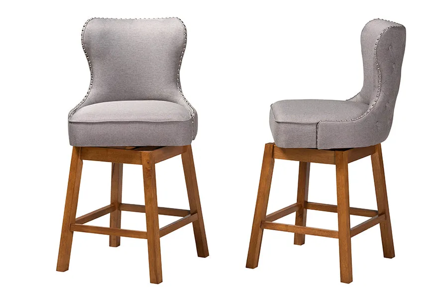 Jane 2pcs Gray Fabric Walnut Brown Finished Wood Swivel Counter Stool